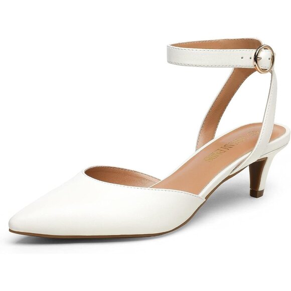 Dream Pairs Women White Faux Leather Closed Pointed Toe Ankle Strap Pump Shoes - Picture 1 of 7